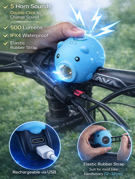 Rechargeable Bike Headlight & Taillight Set, Cute 3-Mode Kids Bike Light with Horn, Safe Night Riding Lights for Boys Girls